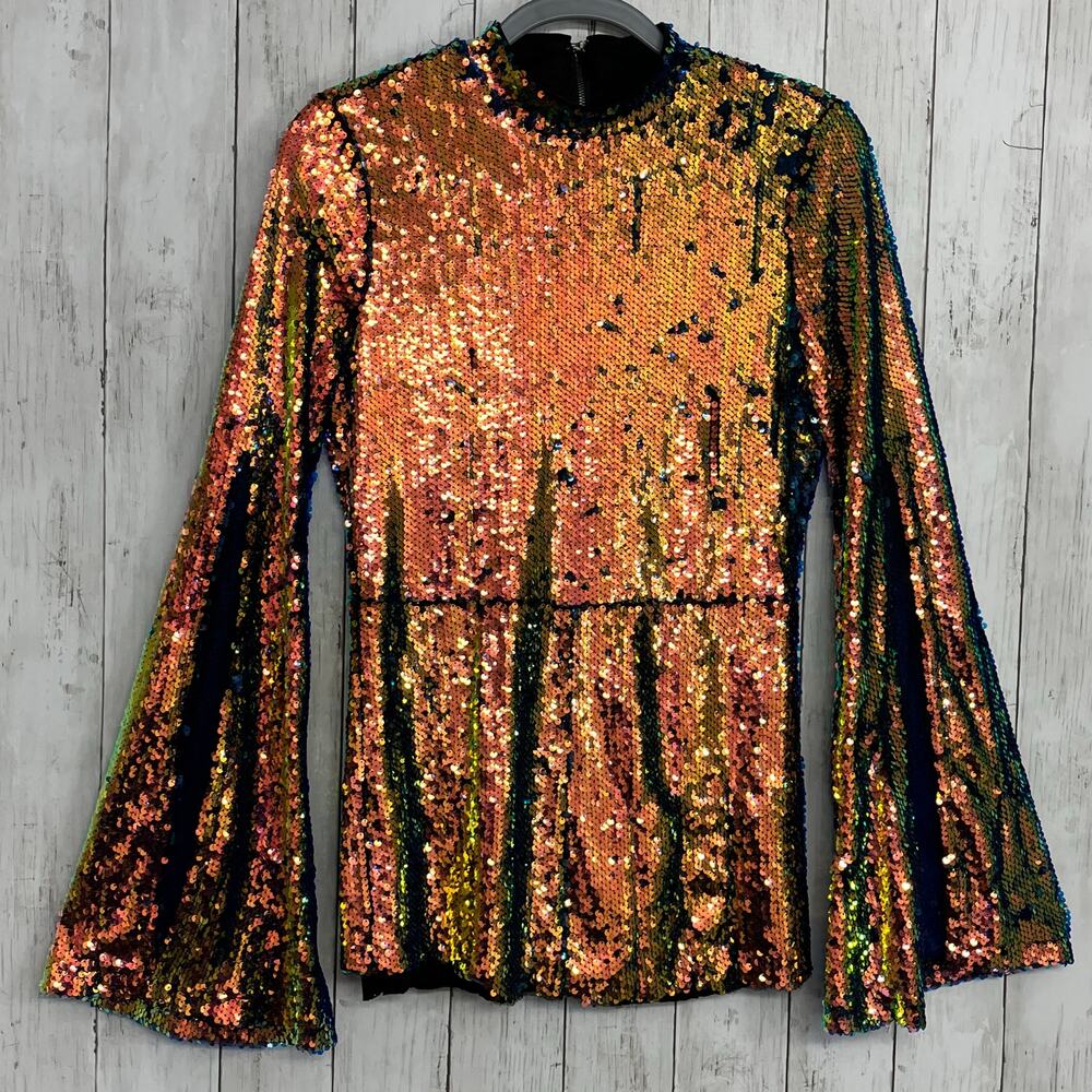 Rehab Lab Sequin Split Flowy Sleeve High Neck Festival Party Sparkle Shirt Large
